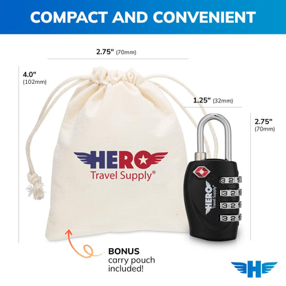 Hero Luggage Lock (Pack of 4) TSA Approved, Four-Digit Combination Padlock for Travel, Suitcases, Lockers, Backpacks