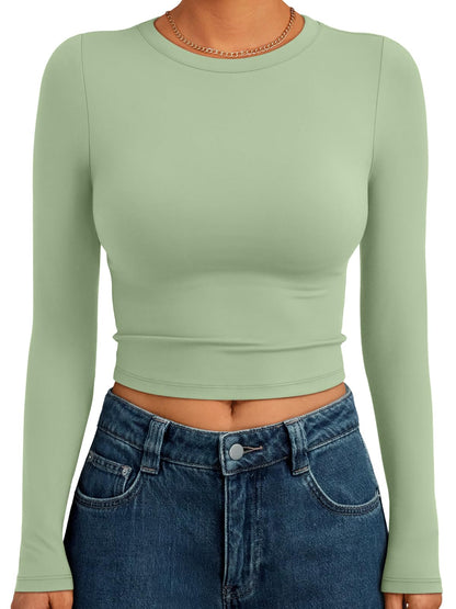 Trendy Queen Womens Long Sleeve Crop Tops Basic Slim Fitted Shirts Fashion 2025 Going Out Y2k Tops Teen Girl Clothes