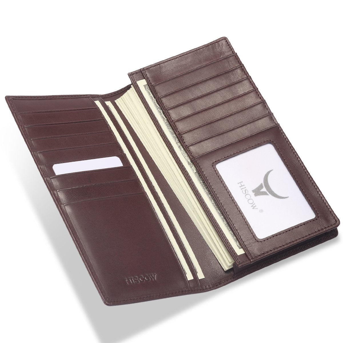 HISCOW Bifold Long Wallet with 15 Credit Card Slots - Italian Calfskin (Coffee)