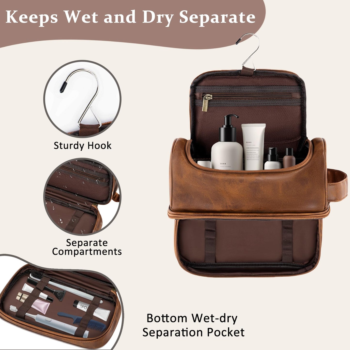 Aganmi Personalized Gifts Travel Toiletry Bag for Men Him, Laser-Engraved Initial PU Leather Waterproof Shaving Bag Christmas Birthday Gift for Men Dad Husband Boyfriend Groomsmen, Light Brown M