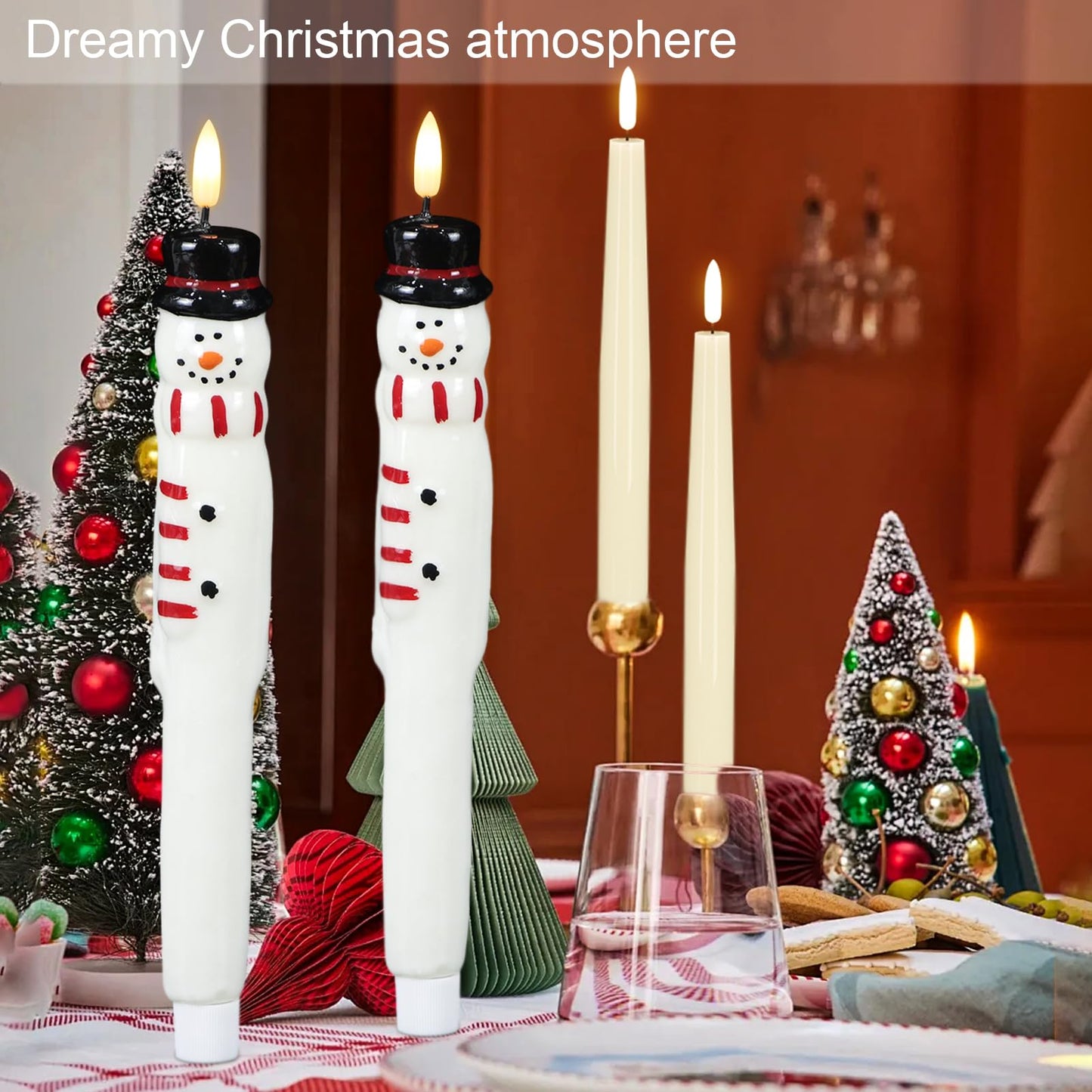 Lasumora Christmas Flameless Taper Candles with Remote Timer, 2 Pcs Hand-Painted Snowman Sculpture Shape LED Candlesticks with 3D Flickering Flame for Home Décor Christmas Gifts