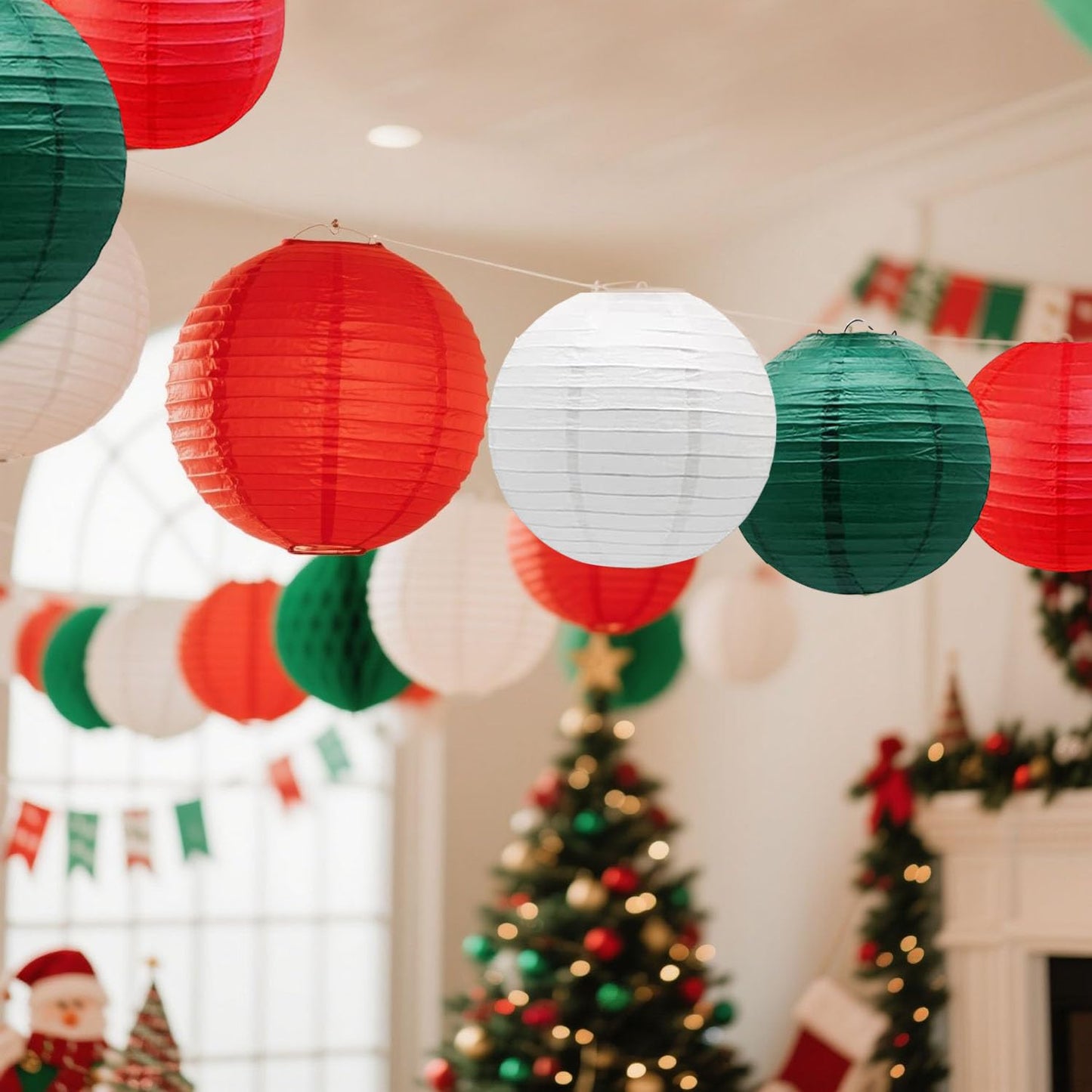 KUNYYI Red -White and Green Paper Lanterns 12Pcs Hanging Lanterns for Christmas Theme, Wedding, Birthday Party, Baby Shower Festive Decoration