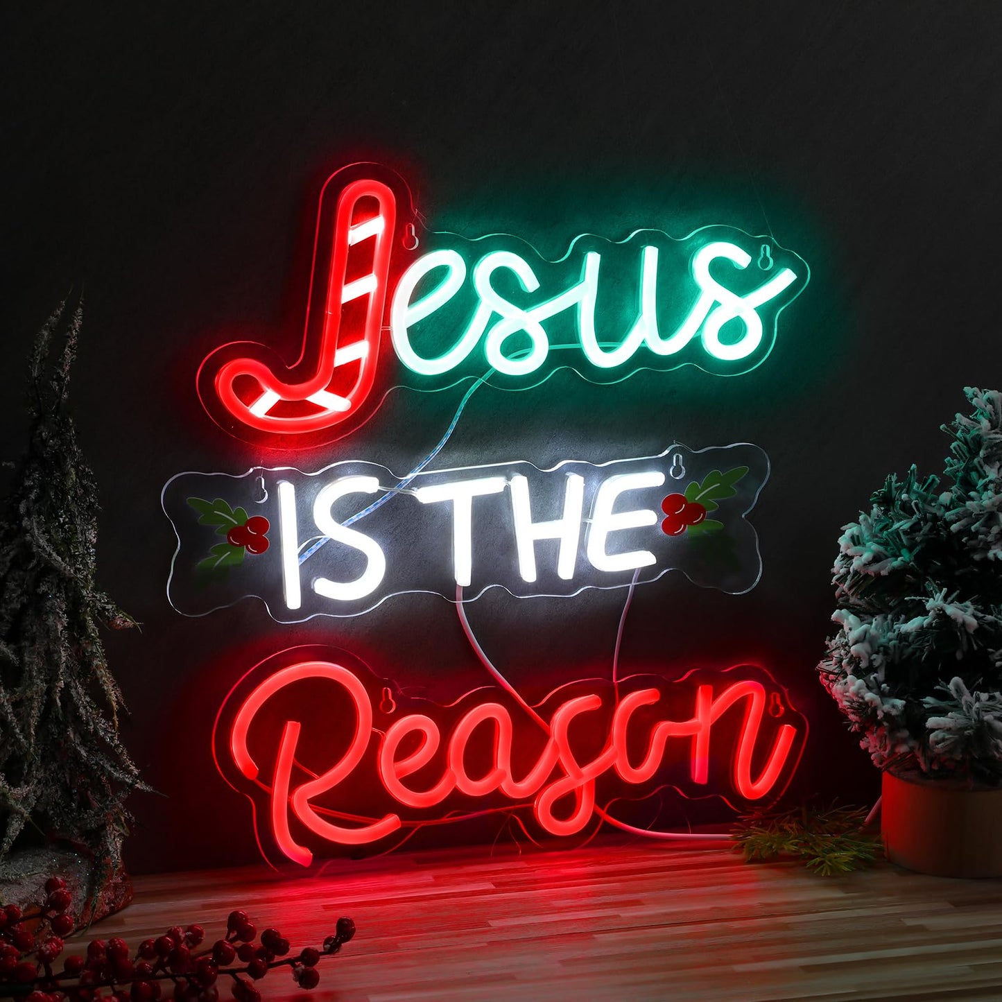 Huquary Jesus Is the Reason Neon Sign Christmas LED Sign Lighted Wall Art Decoration Neon Light USB Powered for Ceremony Party Bar Home Birthday Bible Church Decor Gift(Stylish)