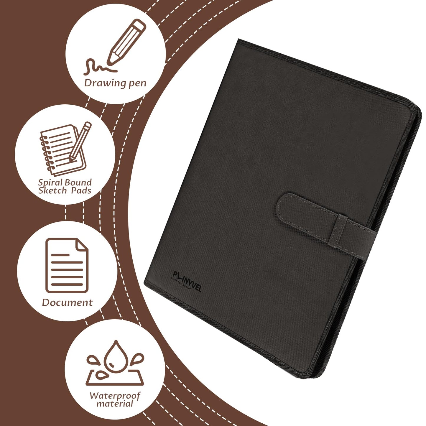 Plinyvel Travel Sketch Case & Cover: Leather Organizer Fits 5.5x8.5 Sketch Book & Spiral Pad | All-in-One Art Kit with Pencil Holder | Compact for Artists, Beginners & Travel (Black)