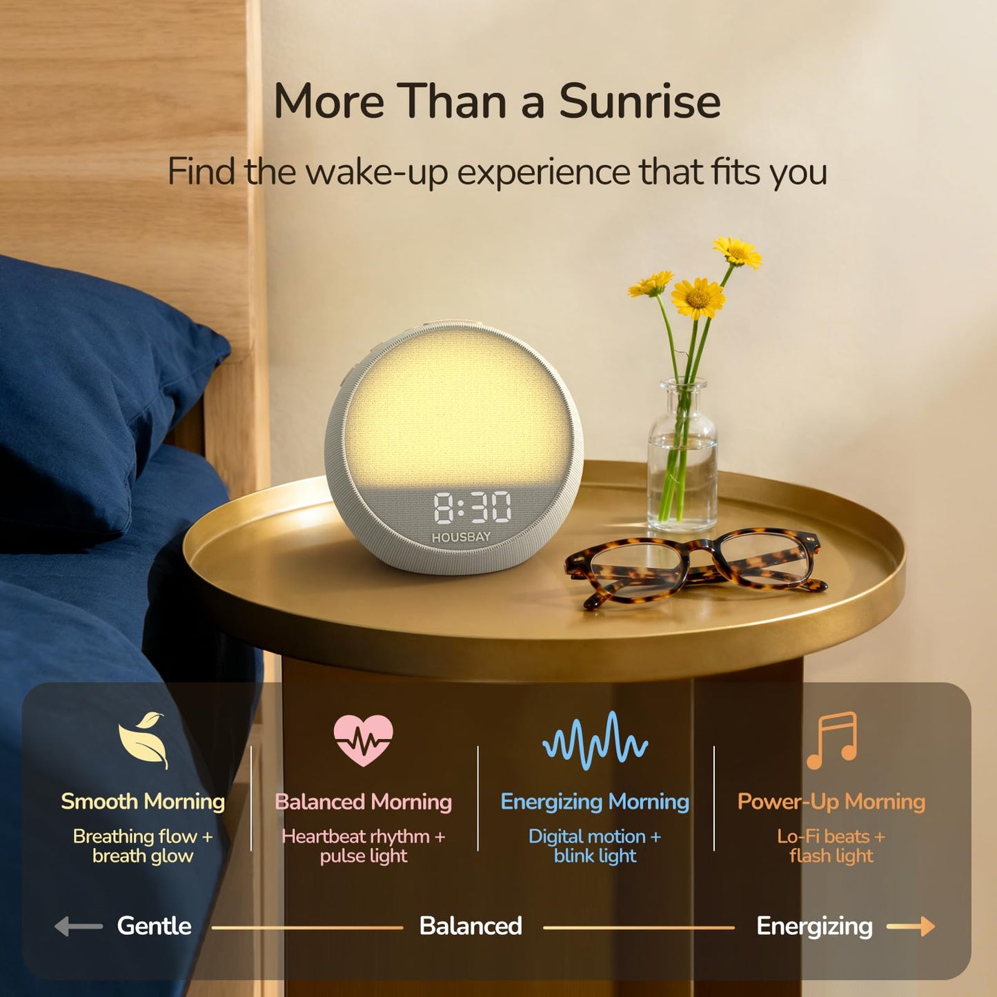 HOUSBAY MINI Sunrise Alarm Clock with Sound Machine, Rhythm Wake-Up Light, White Noise for Sleeping, Compact Phone-Free Bedrooms Clock, Putty