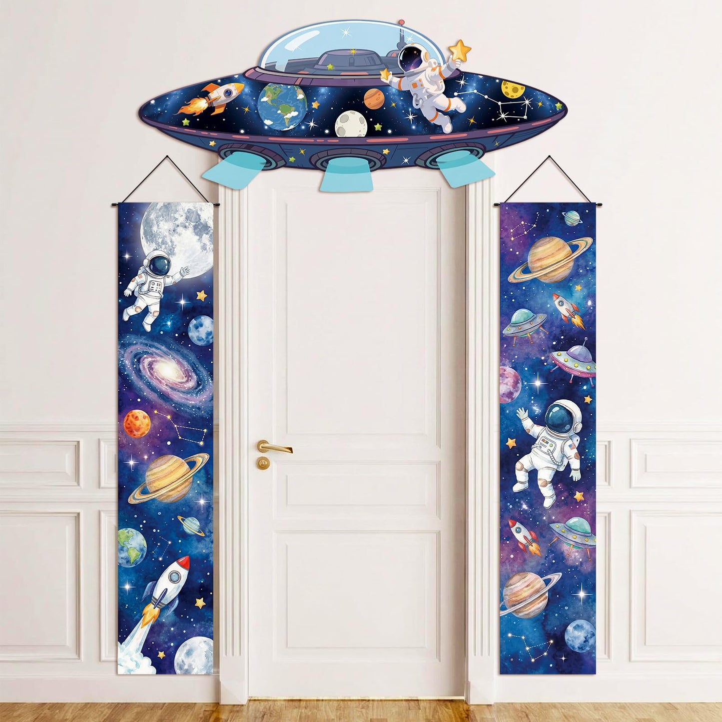 Chicplaid 3 Pcs Space Theme Party Decoration Outer Space Porch Banner Spaceship Astronaut Hanging Door Sign Galaxy Solar System Planet Backdrop for 2026 VBS Classroom Bedroom Birthday Supplies