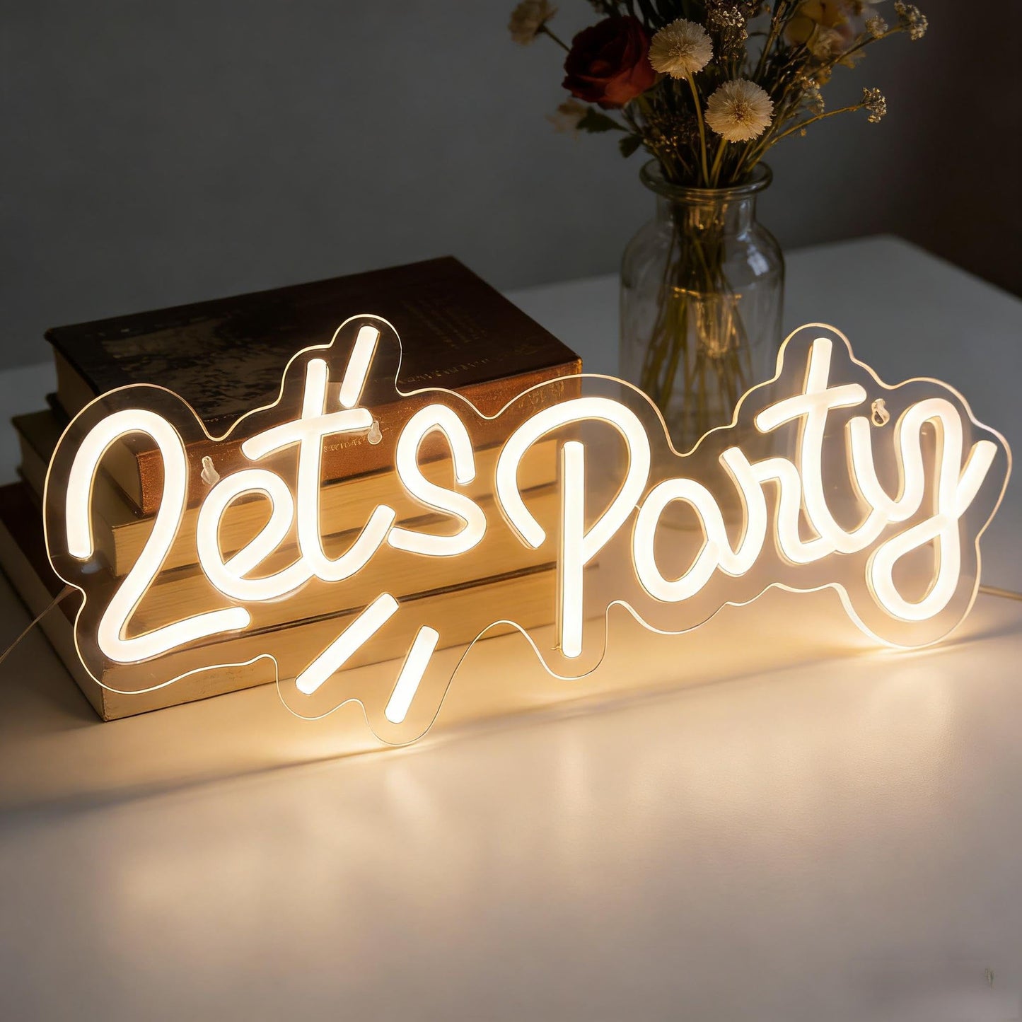 Lets Party White LED Neon Sign, USB Powered Decorative Neon Light for Home Living Room Birthday Party Space Wall Table Decor, Dimmable Light Up Sign 16.3 x 7.1 In