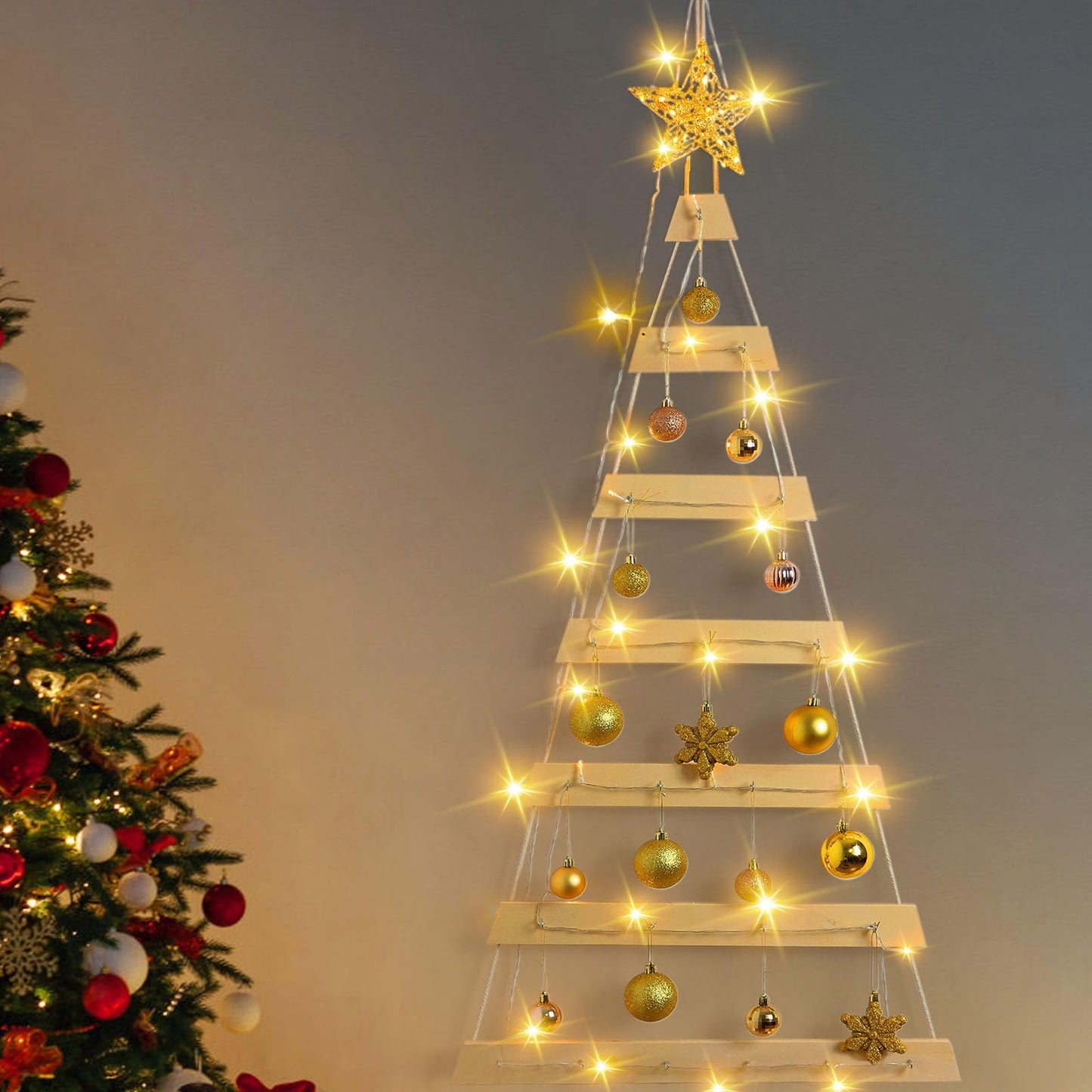 VAIPI 40 in Wall Hanging Christmas Tree with Lighted Christmas Wall Decor Wooden Flat Hanging Xmas Tree for Holiday 40'' x 20''