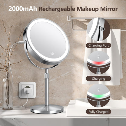 Lighted Makeup Mirror, Rechargeable Height Adjustable Double Sided, 1x/10x Magnifying with 3 Color, Brightness Adjustable, 360° Rotation Vanity, Gift for Women
