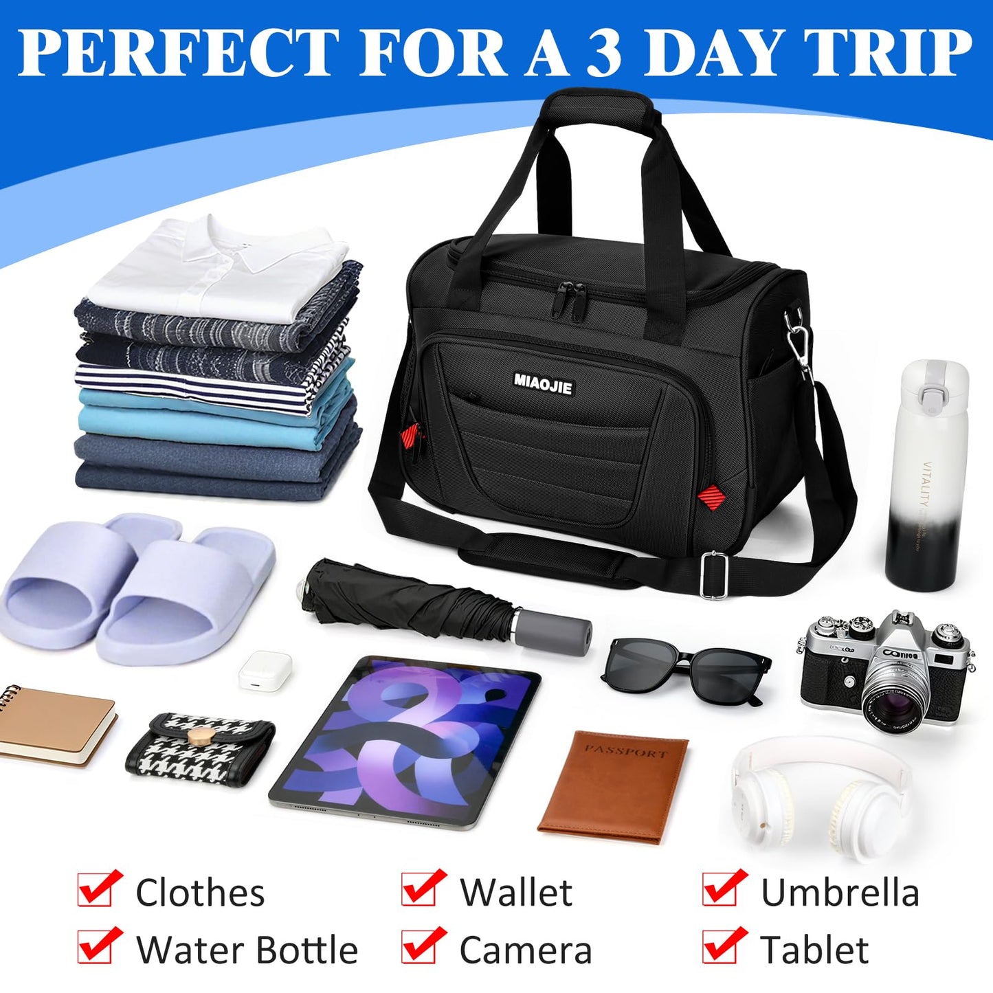 MIAOJIE Underseat Carry On luggage Bag Airplanes Personal Item Bags Weekender Overnight Travel Tote Bag Shoulder Small Softside Carry on Luggage Travel Duffel Bags For Men Women -16 IN Black
