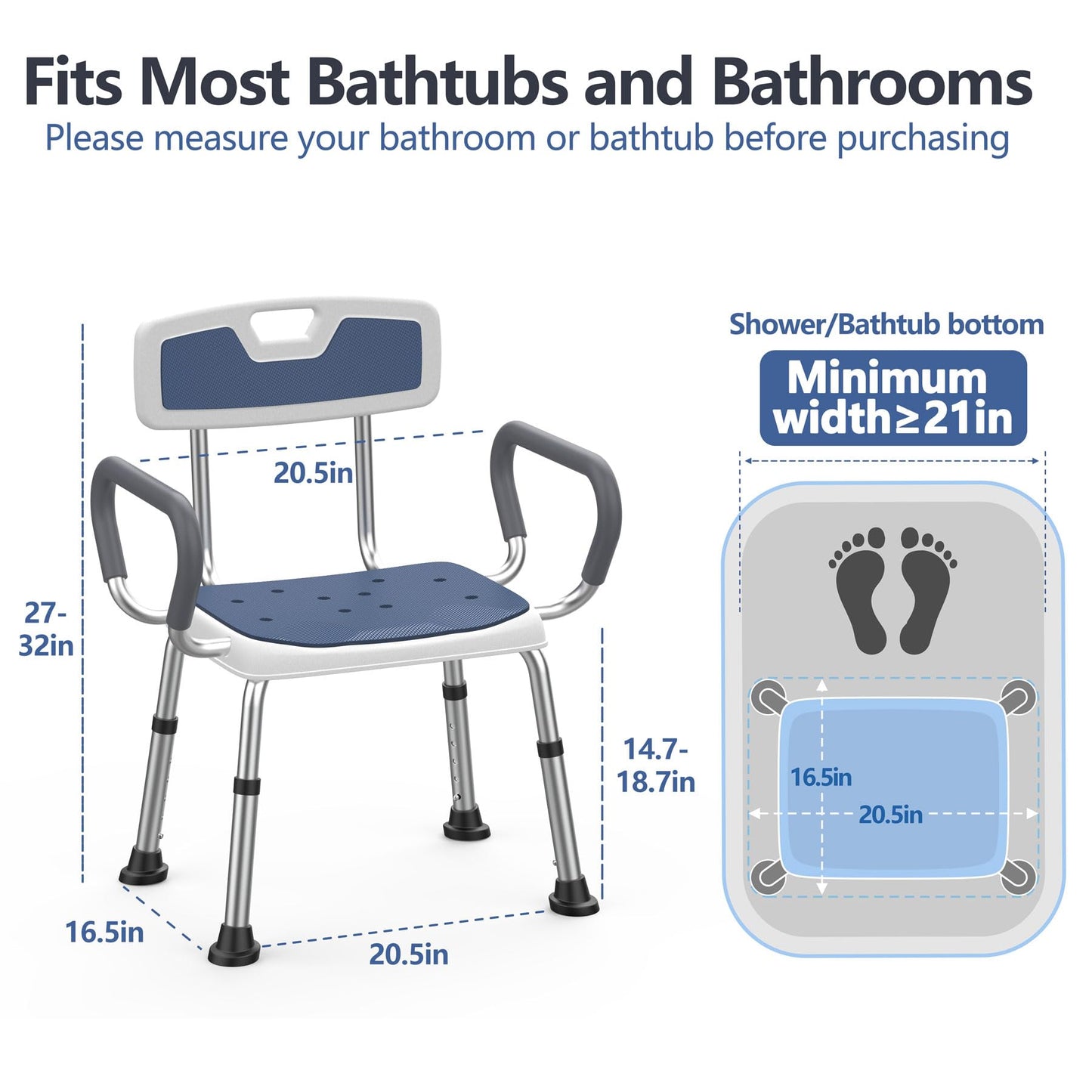 Lemagalu Shower Chair for Elderly and Disabled (450 lbs) Adjustable Height Shower Seat for Inside Shower with Padded Wide Arms & Back, Heavy Duty Medical Bathtub Stool for Women Seniors Handicap