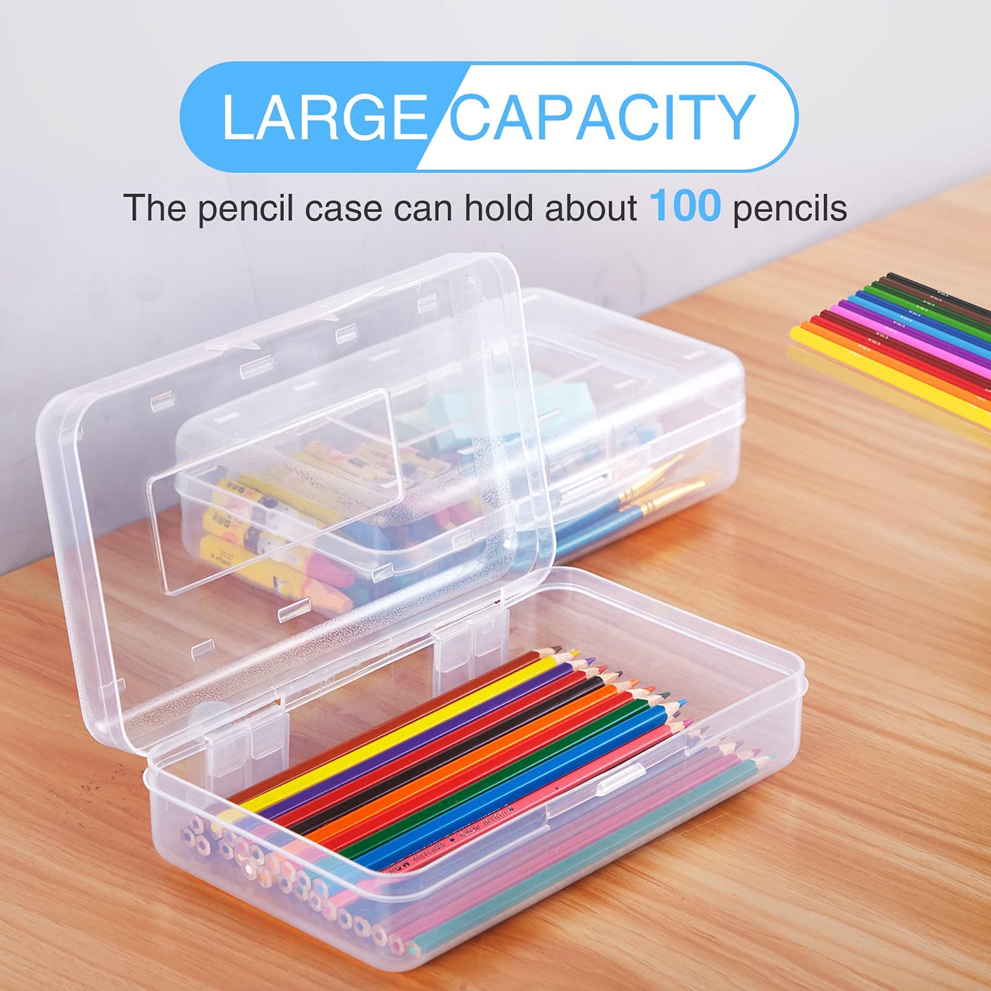 Sooez 3 Pack Pencil Case, Large Hard Pencil Box Bulk, Clear Crayon Box Marker Pen Organizer, Plastic Storage Container with Snap Lid, Stackable Art Craft Organizer Back to School Supplies, Clear