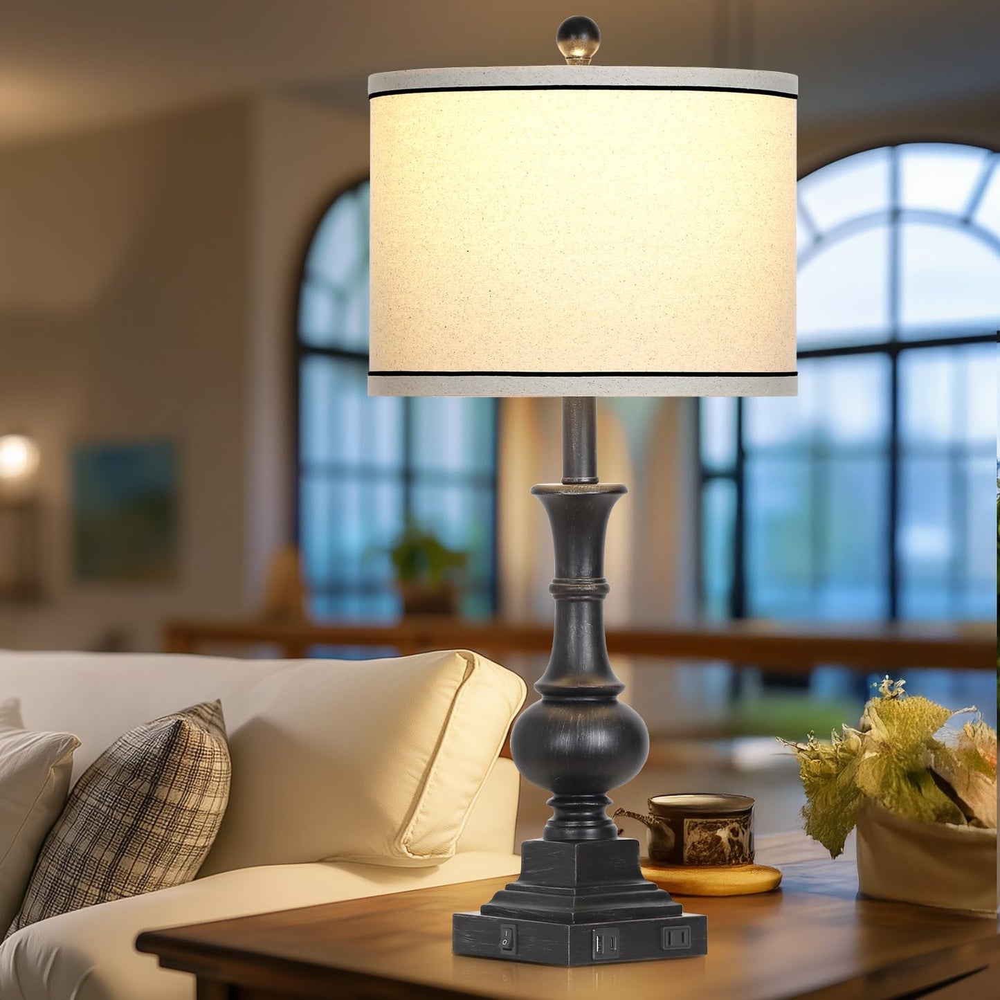 luxeflow Farmhouse Table Lamps Set of 2, Vintage Bedside Lamps with USB A+C Charging Ports & AC Outlet, 26" Rustic Nightstand Lamp for Living Room Bedroom End Table Wash Black(2 LED Bulbs Included)