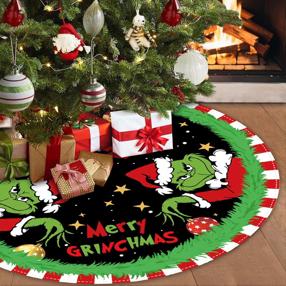 Christmas Tree Skirt 48 Inch, Soft and Funny Merry Christmas Tree Collar Farmhouse Xmas Holiday Decoration (Style 1)