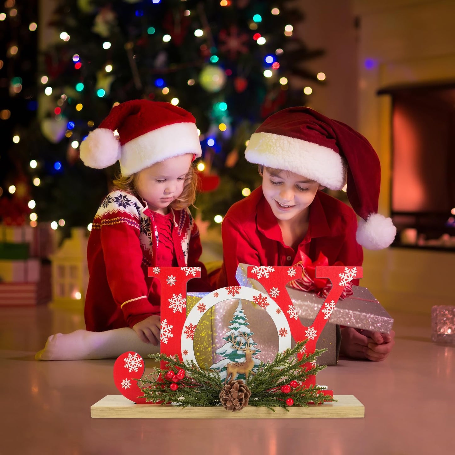 Christmas Wooden Joy Sign Decor,Christmas Tiered Tray Tabletop Decorations Indoor,Cutout Letter Freestanding Xmas Centerpiece Table Joy Sign for Party New Year Winter Holiday Home Fireplace Decor