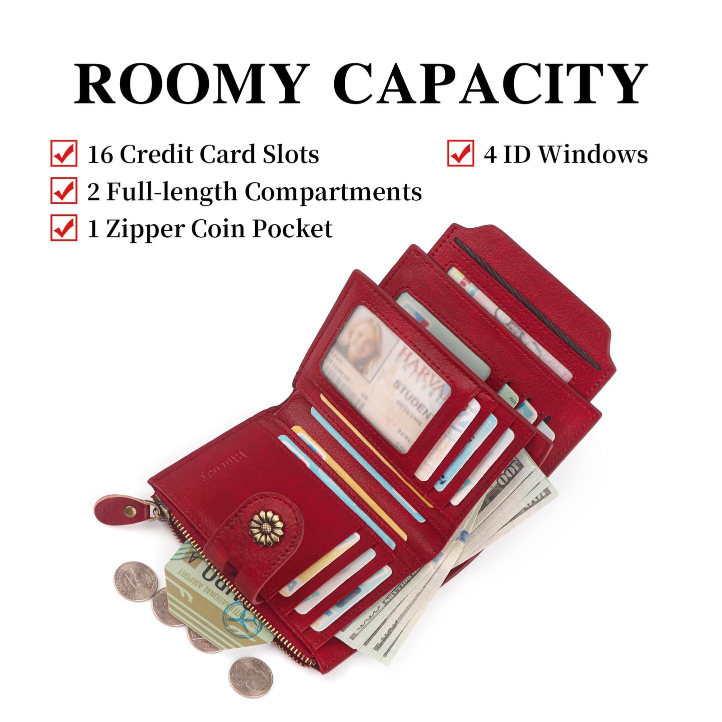 Blucoay Wallet Women,RFID Blocking Real Leather Womens Wallet Bifold Compact Card Holder Small Wallet for Women with Removable ID Window Red