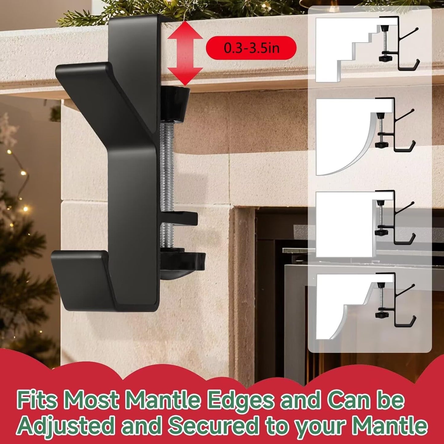 Guojanfon Garland and Stocking Mantel Holders with 2 Hooks, Mantel Hanger for Garland, 2 in 1 Mantel Garland and Stocking Hangers Heavy Duty, Fireplace Garland Hanger for Xmas Decoration (4Black)