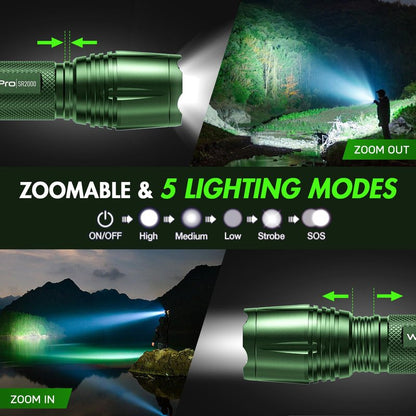 WdtPro LED Flashlight High Lumens SR2000 Pro, 2 Pack Brighter Tactical Flashlights with 5 Modes & Zoomable, Powerful Mini Flash Light for Emergency, Camping, Hiking (Green)