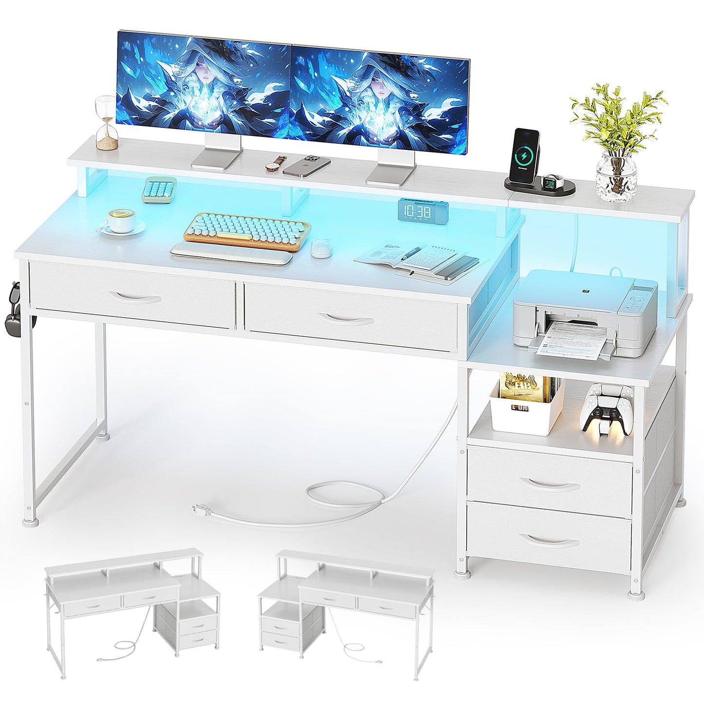 MUTUN 53" Computer Desk with 4 Drawers & Power Outlets, Reversible Home Office Desk with Monitor Stand & Printer Stand, Gaming Desk with Led Lights, Study Writing Work Desk Table for Bedroom (White)