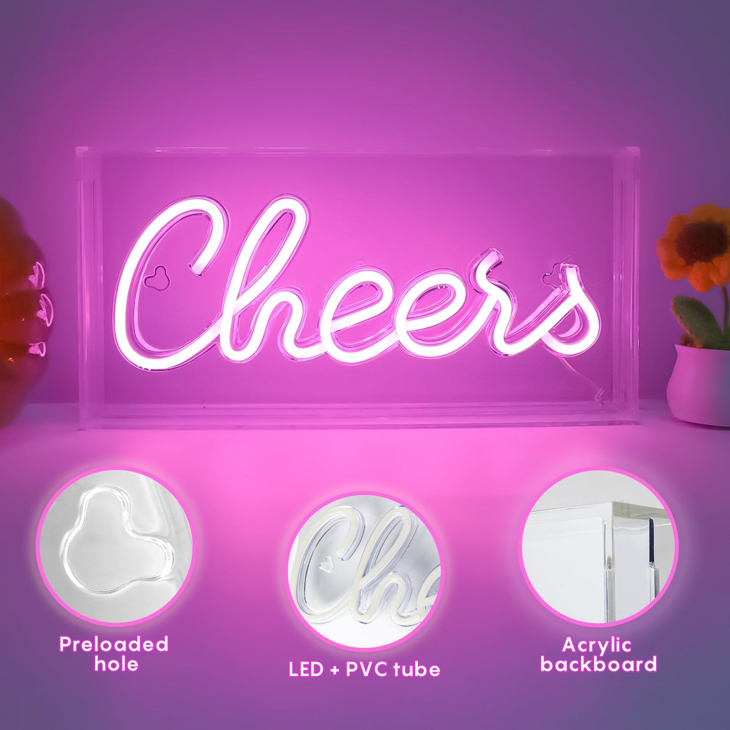 HOSITARK Cheers Neon Sign, USB LED Desk Lightbox Cheers Sign with ON/OFF Switch, 3D Neon Light up Sign for Table Decor, Wall Decor, Bar, Pub, Bachelorette Party (Pink)