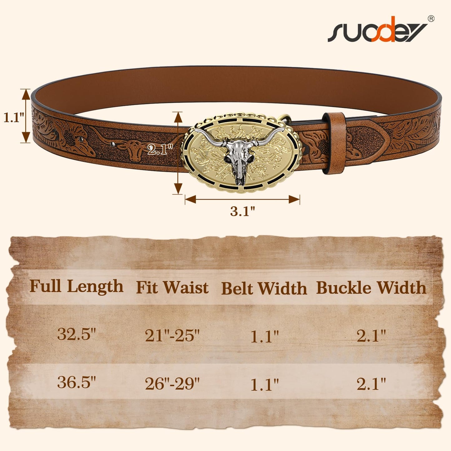 SUOSDEY Kids Western Cowboy Belt for Boys Girls,Toddler Cowgirl Embossed Leather Belt with Longhorn Bull Buckle