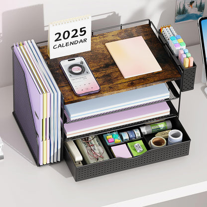 gianotter Wood Desk Organizers and Accessories with File Holder, 4-Tier Desk Accessories & Workspace Organizers with Drawer and Pen Holder, Desk Reference Organizer (Wood)