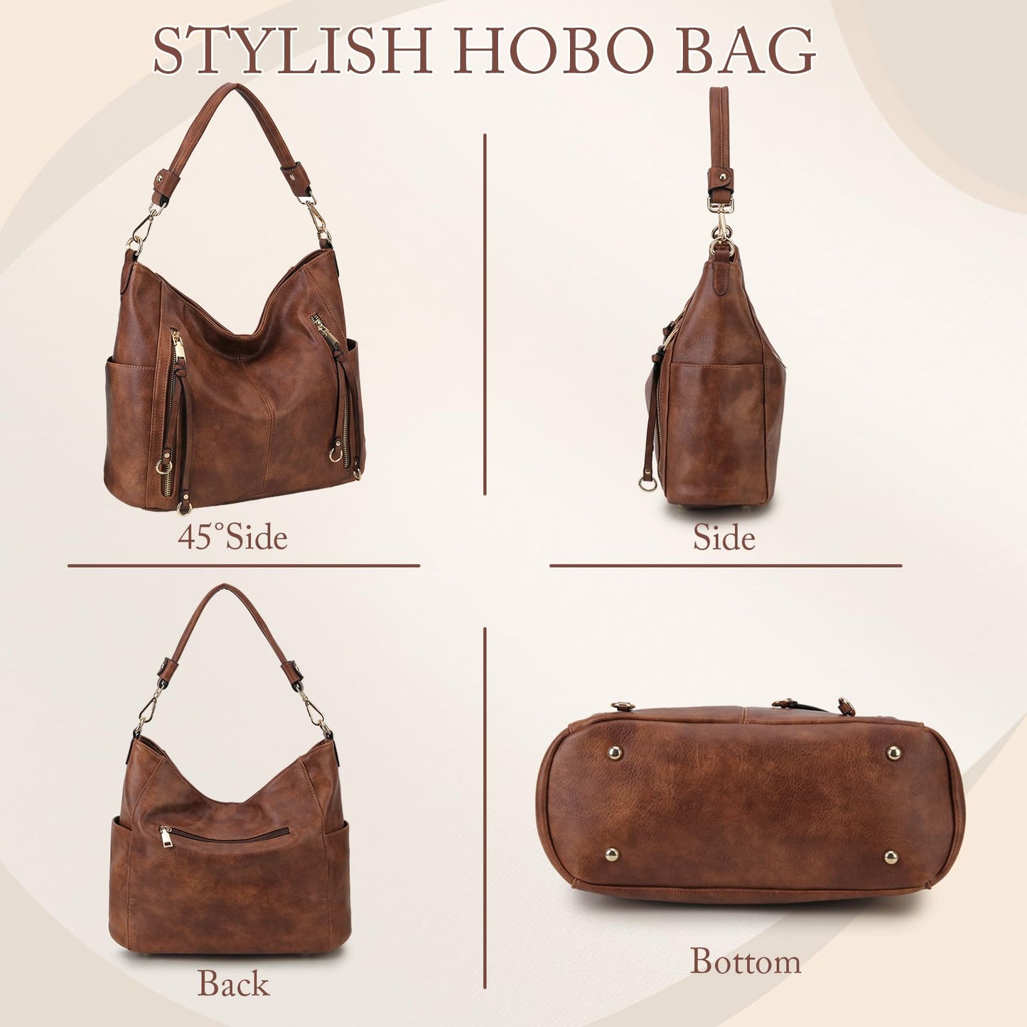 Chase Chic Hobo Bag for Women Handbags Purse Stylish with Detachable Strap Large Boho Shoulder Bag Crossbody for Ladies Easy to Clean,Working,Travel,Business(Brown)