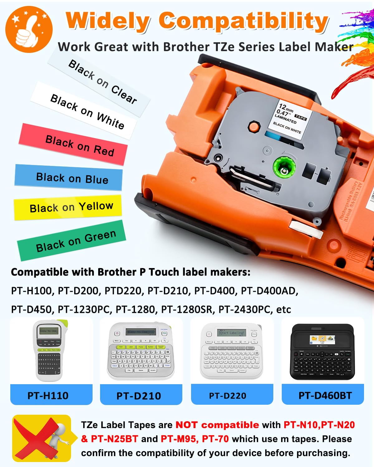 6 Pack Replacement for Brother P Touch Label Maker Tape TZe Tz Tape 12mm 0.47 Laminated White/Clear/Red/Yellow/Blue/Green Compatible with Brother P-Touch Label Maker PT-D210 PT-H110 PT-D220