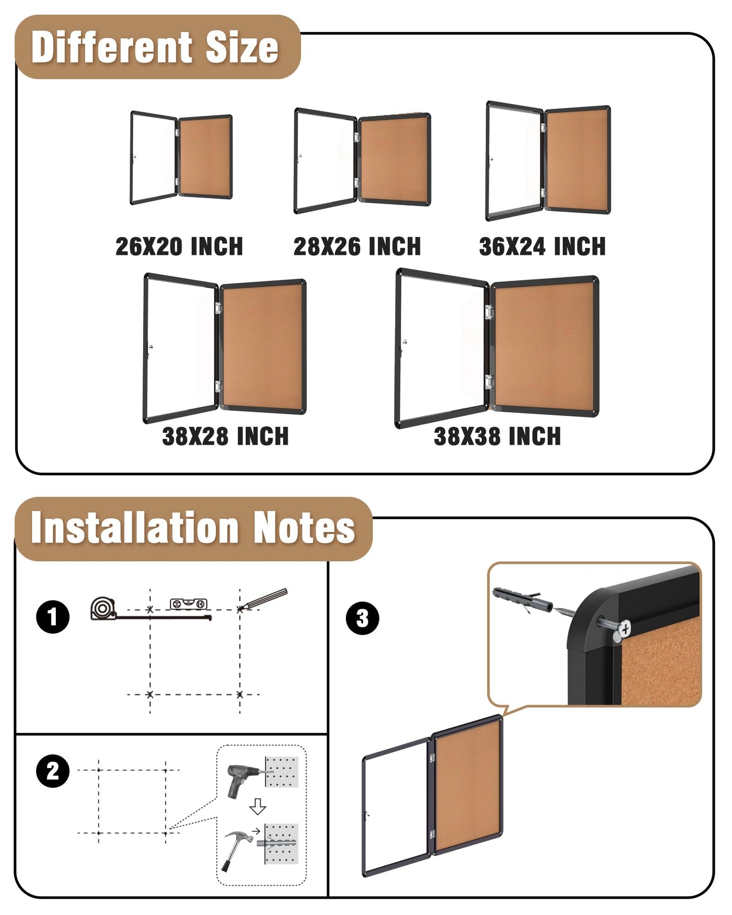 Mifuro 26"x20" Enclosed Bulletin Board, Lockable Weather-Resistant Aluminum Cork Noticeboard for School & Office, Black Frame w/Cork
