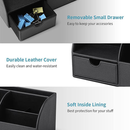 Vlando Office Supplies Desk Organizer Caddy, Desktop Hanging File Letter Document Storage Holder with Drawer Organizer Section for Office Home (Black)