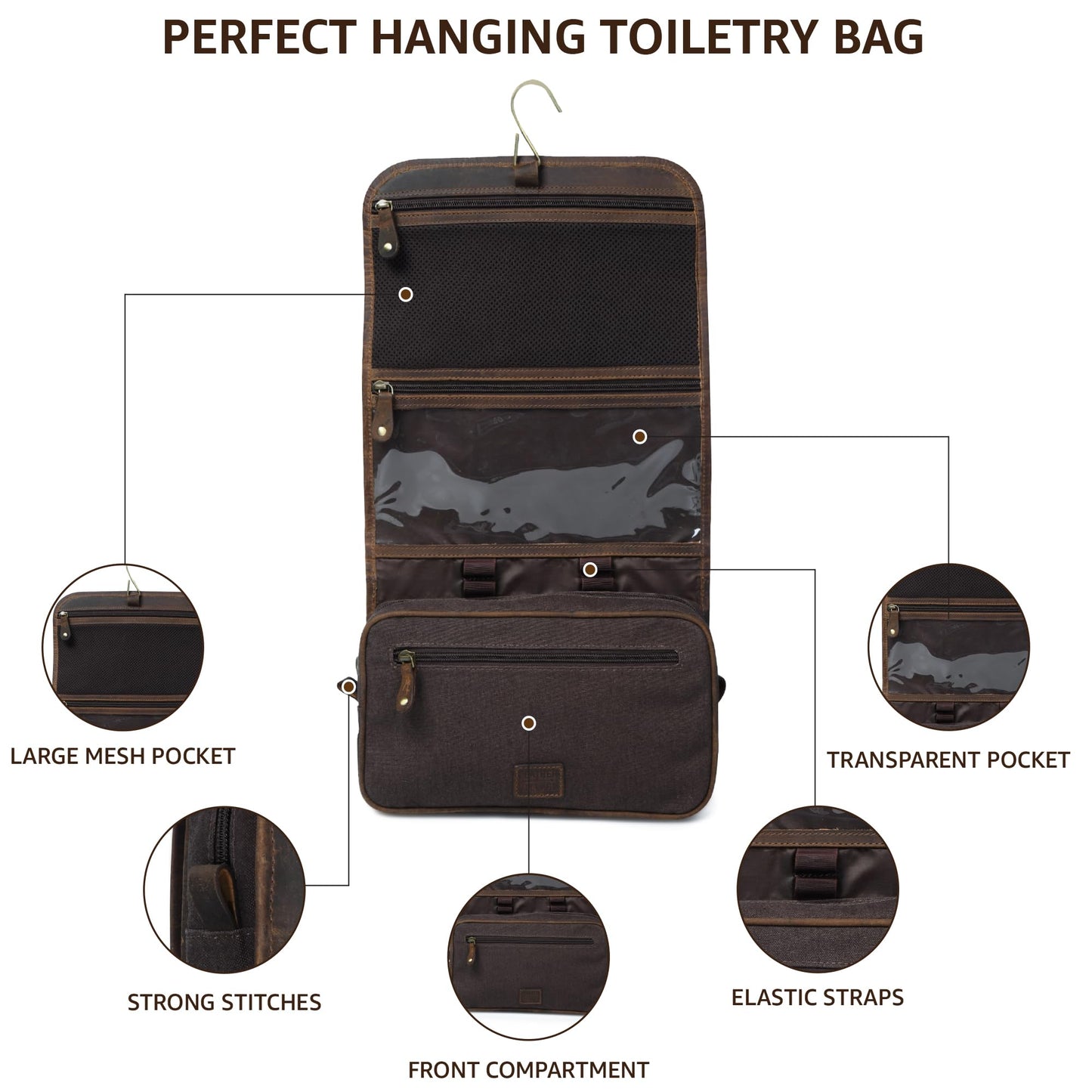 LEATHER VILLAGE Hanging Genuine Leather Toiletry Bag for Men – Handcrafted Vintage Travel Dopp Kit with Waterproof Lining, Shaving Organizer and Shower Bathroom Essentials Case - Brown