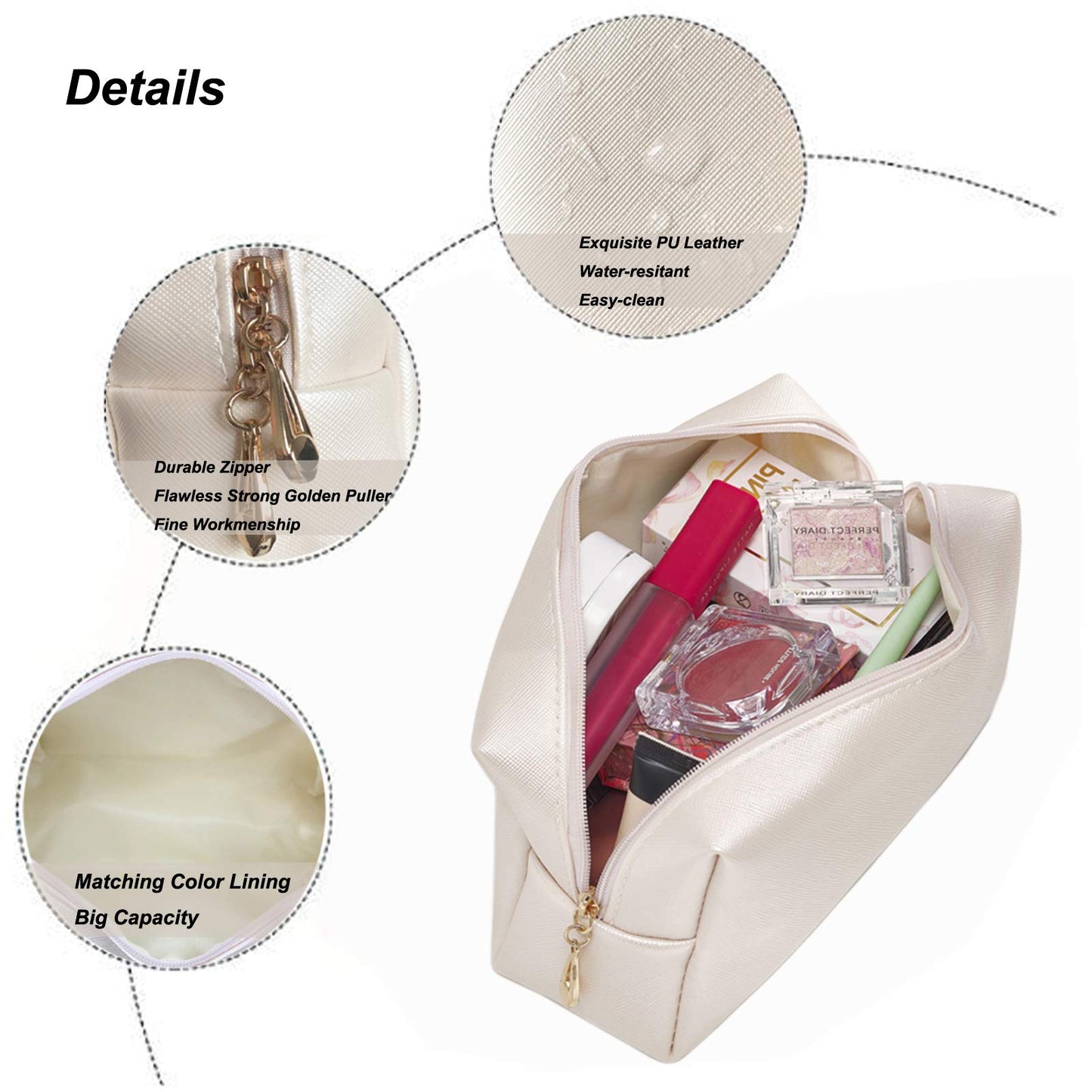 2pcc set PU Leather Cosmetic Bag for Women Minimalism Makeup Bag for Daily Use Portable Storage Purse Small Neat Cosmetic Pouch Water-resistant Toiletry Bag for Travel (Ivory White)