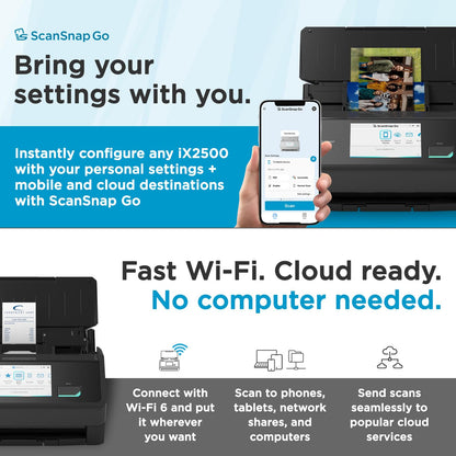 ScanSnap iX2500 Wireless or USB High-Speed Cloud Enabled Document, Photo & Receipt Scanner with Large 5" Touchscreen and 100 Page Auto Document Feeder for Mac or PC, Black