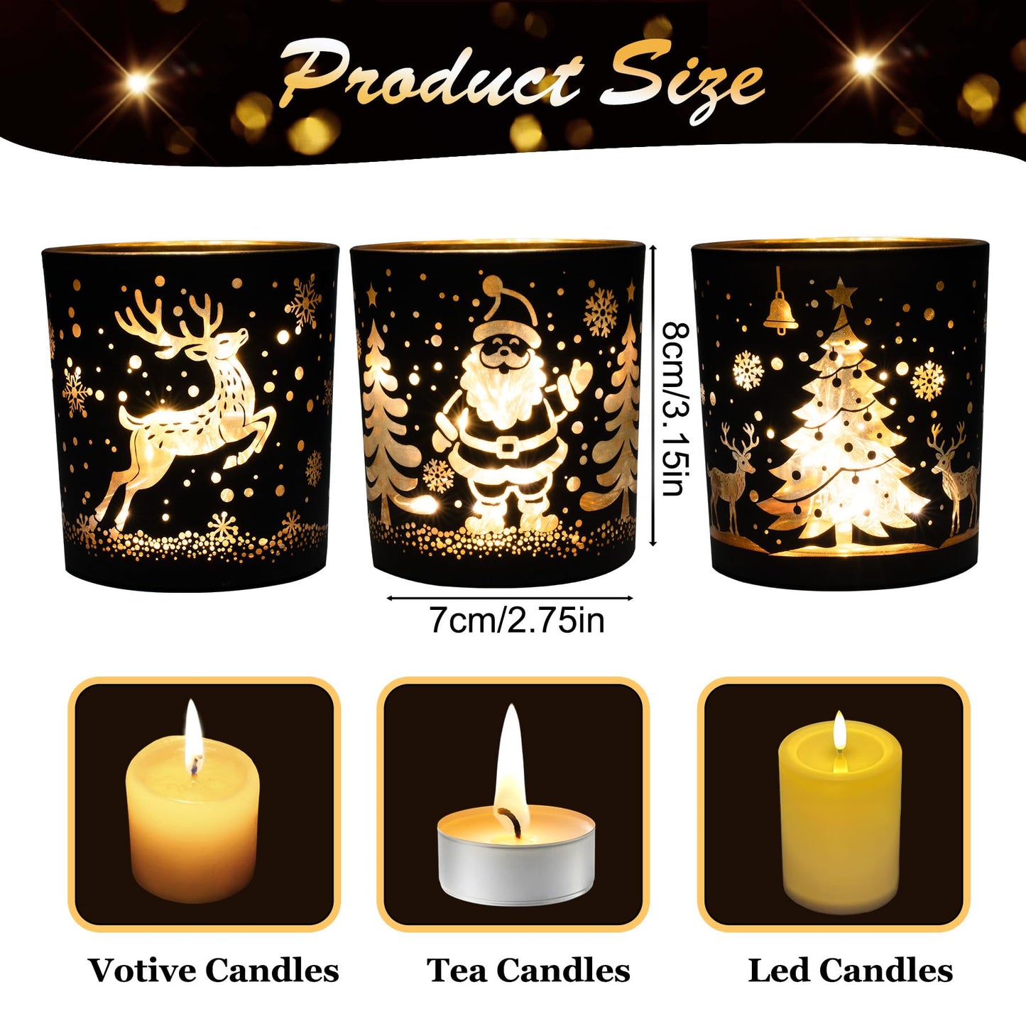 Votive Candle Holders, Black and Gold Glass Christmas Candle Holder Set of 3, Tea Light Holders with Santa Claus, Reindeer, Xmax Tree Pattern, Christmas Table Canterpieces for New Year Party Decor