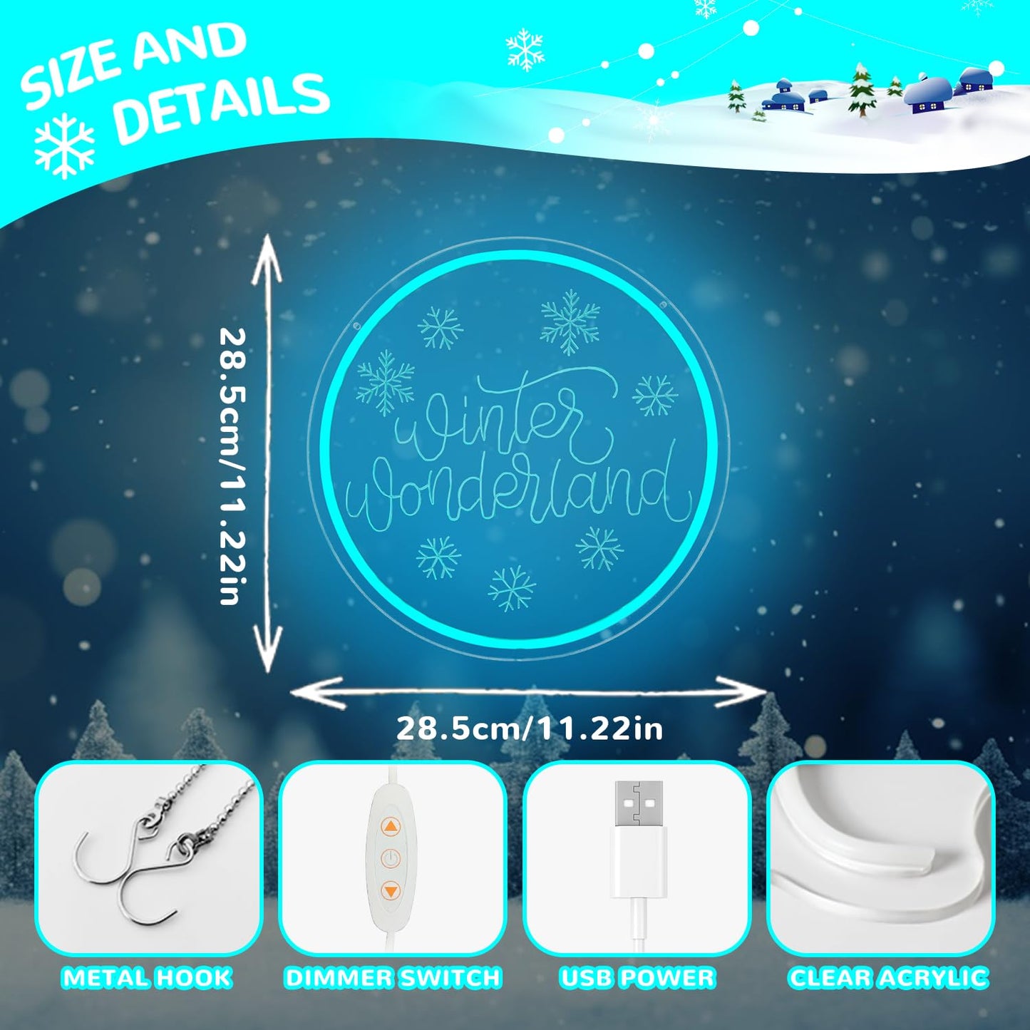 hhuohuona Winter Wonderland Neon Sign Dimmable Christmas Winter Led Sign Snowflake Neon Lights Ice Blue Holiday Winter Christmas Wall Decor for Home Office