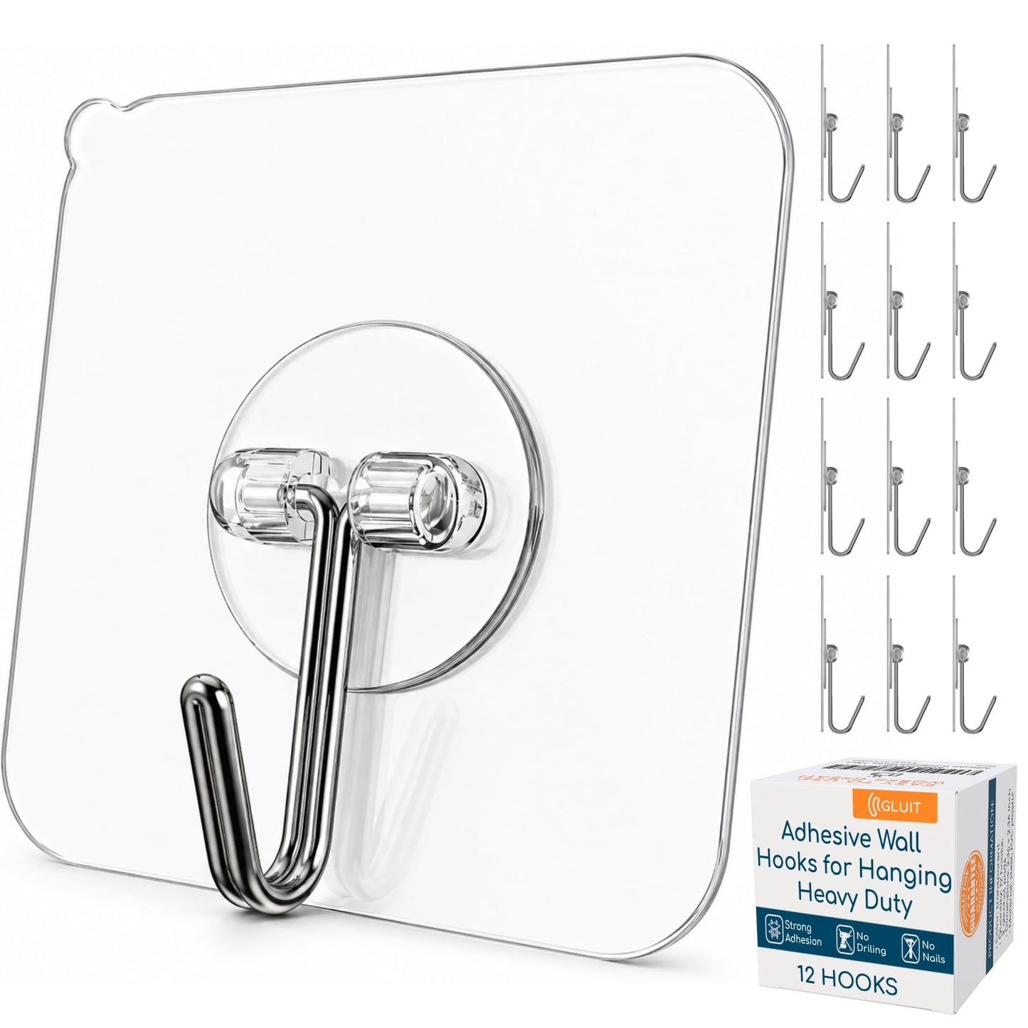 GLUIT Adhesive Wall Hooks for Hanging Heavy Duty 22 lbs Hooks for Walls No Drill, Towel Sticky Clear Hook, Waterproof, Home, Bathroom, Kitchen, Office, and Outdoor 12 Pack