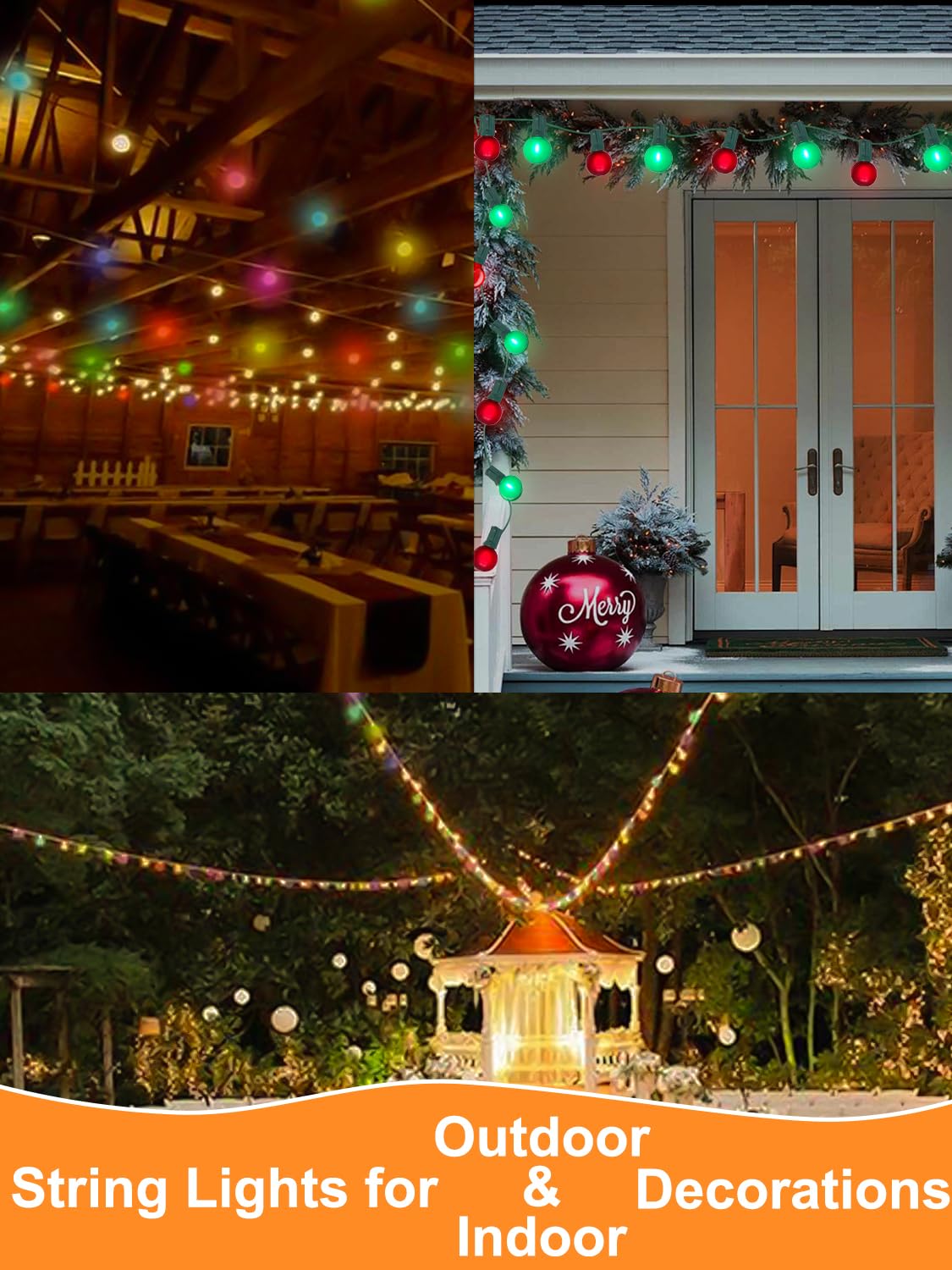 SUNSGNE 50FT G40 Round Christmas Lights Outdoor, Globe Christmas String Lights with 27 LED Frosted Red Green Lights(2 Spare) for Patio Balcony Roofline House Tree Decor, Green Wire