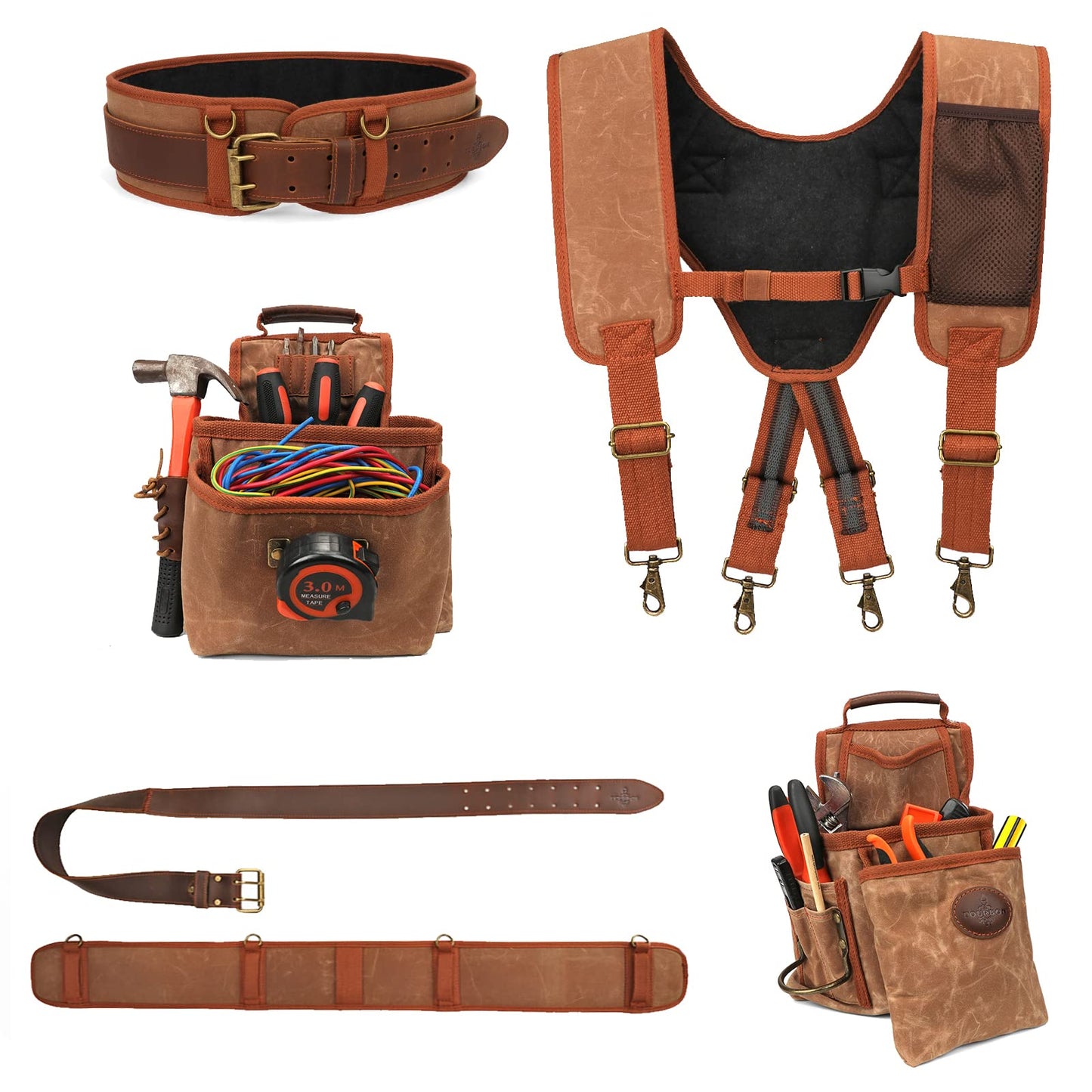 Heavy Duty Canvas Carpenter Tool Belt with Suspenders & 12 Pockets, Detachable Tool Pouch Set for Framers Construction Electricians, Padded Rig, Brown, Fits 39-46" Waist