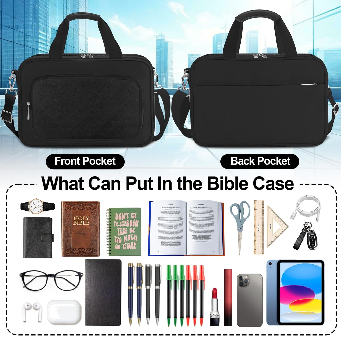 Large Bible Cover Case for Boys Mens, Book Carrying Case with Highlighters Tabs Pens, Bible Bag for Men Organizer, Bible Holder Bible Study Supplies Journaling Kit, Christian Gifts Black