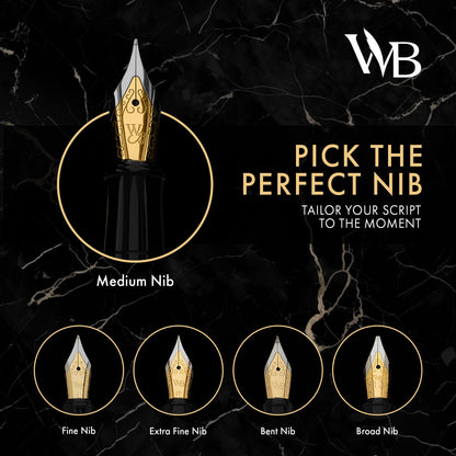 Wordsworth & Black Fountain Pen Set, Medium Nib, Includes 24 Ink Cartridges and Ink Refill Converter, Gift Case, Journaling, Calligraphy, Smooth Writing Pens [Black Gold], Perfect for Men and Women