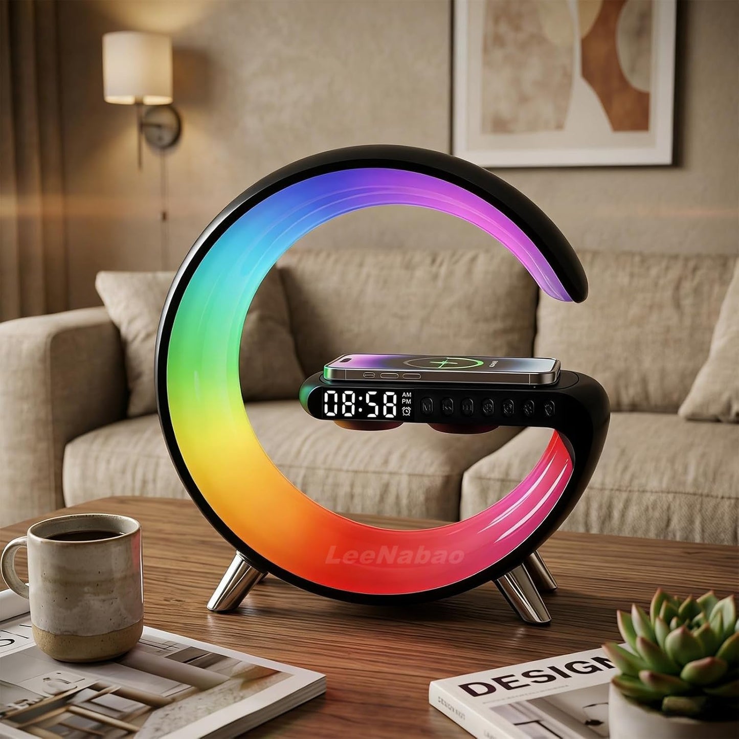 Smart LED Table Lamp,4-in-1 Wireless Charger with Speaker,Night Light, Alarm Clock, and Bluetooth Speaker with App Control, Ideal Gifts for Home, Office, Christmas (Light Black)