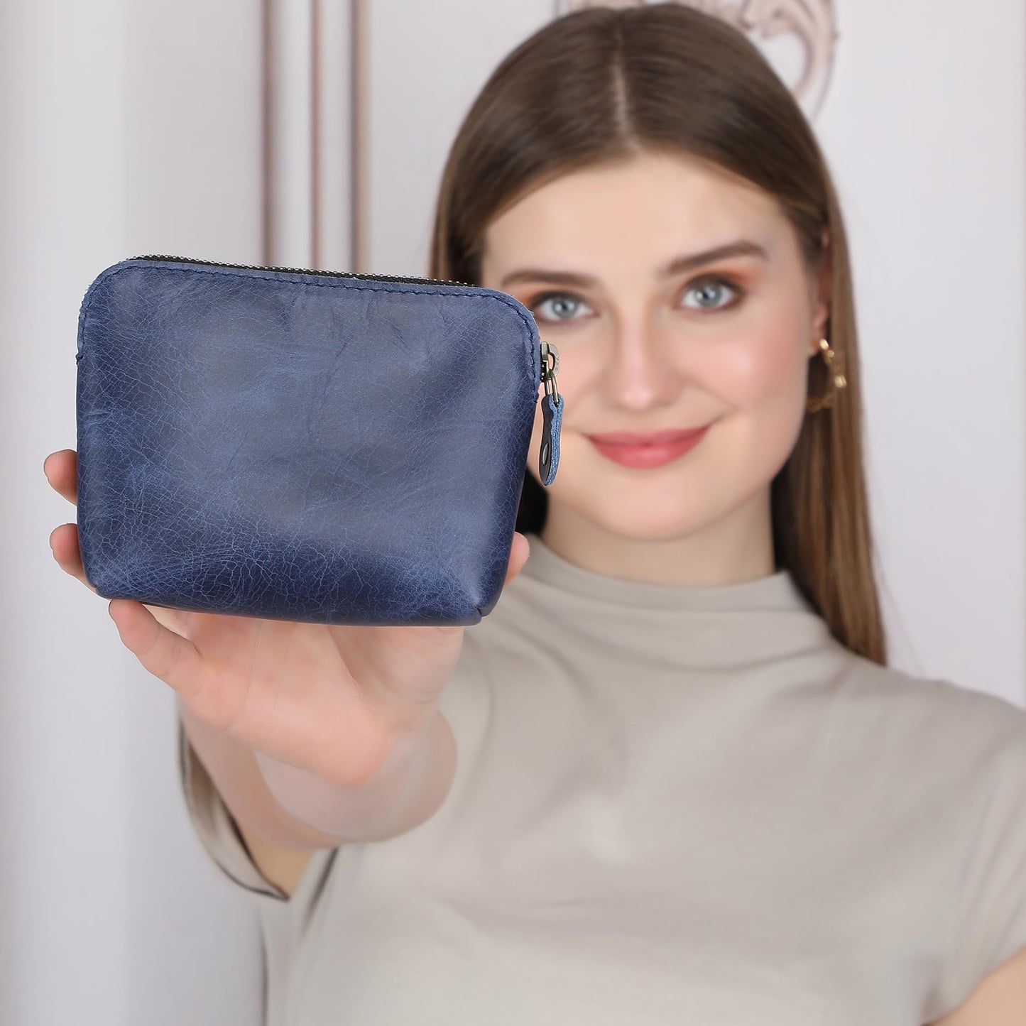 TheAntiq Full Grain Leather Cosmetic Bag – Zippered Makeup Pouch for Women, Small Travel Toiletry & Organizer Pouch for Purse, Premium Handmade Leather (5 × 4 × 2.5 in)