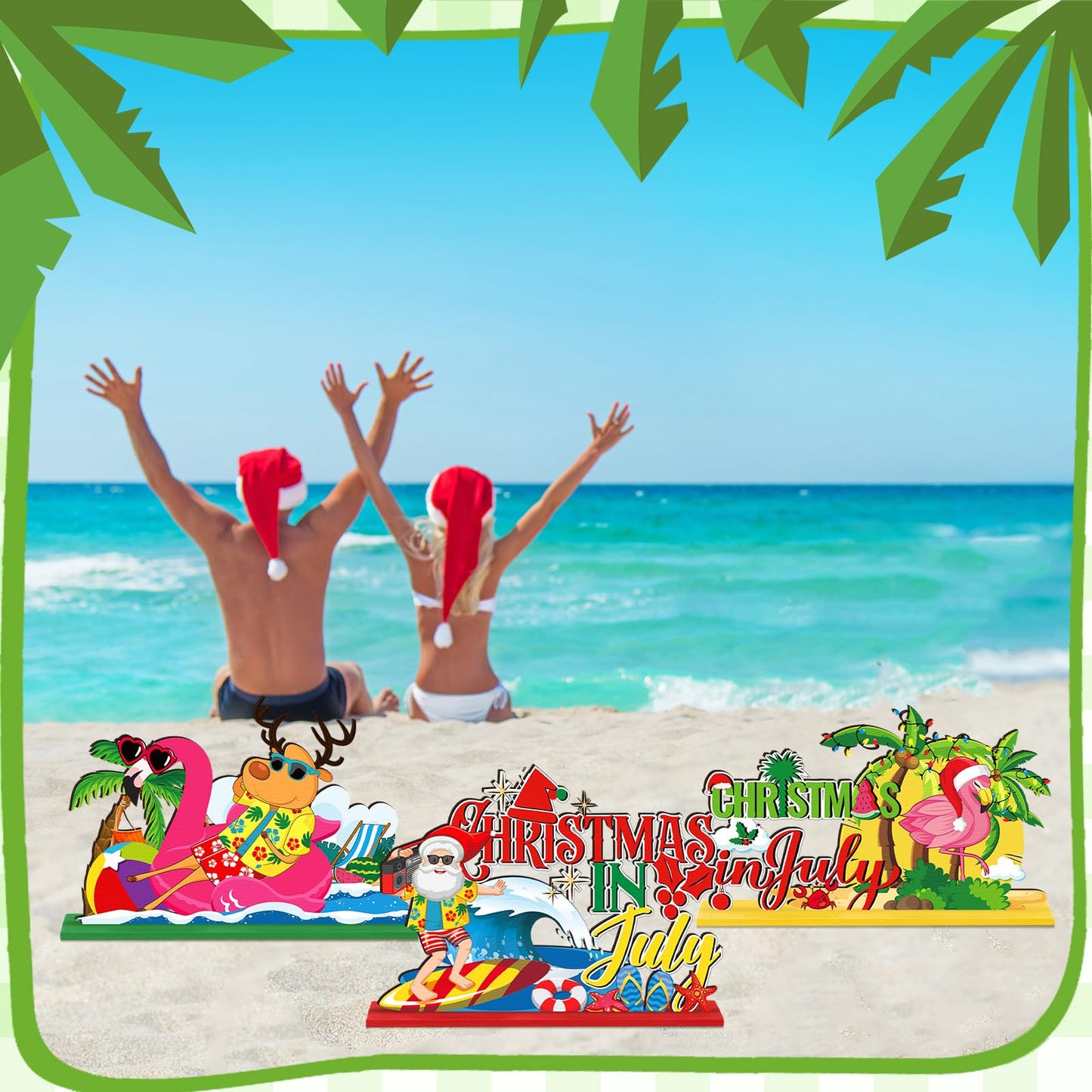 6 Pcs Summer Christmas in July Wooden Table Decoration July Summer Table Centerpiece Sets Decor Christmas Party Supplies Santa Flamingo Palm Tree Beach Party Table Decorations Holiday Xmas Supplies