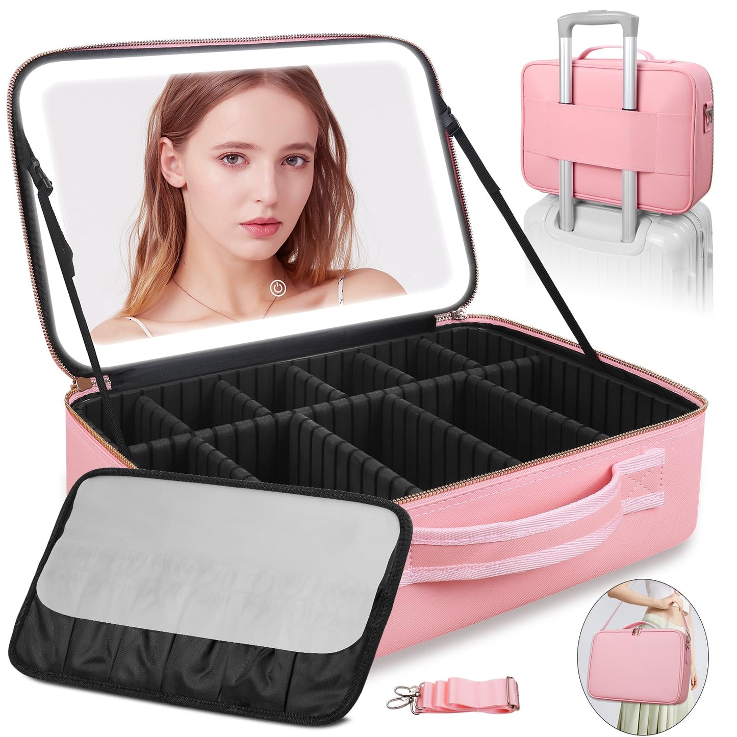 Upgraded Large Travel Makeup Bag with LED Mirror, 15” Professional Makeup Case with 3 Color Modes Dimming Lighted Mirror, Light up Cosmetic Make up Organizer with PU Leather Cover, Adjustable Dividers