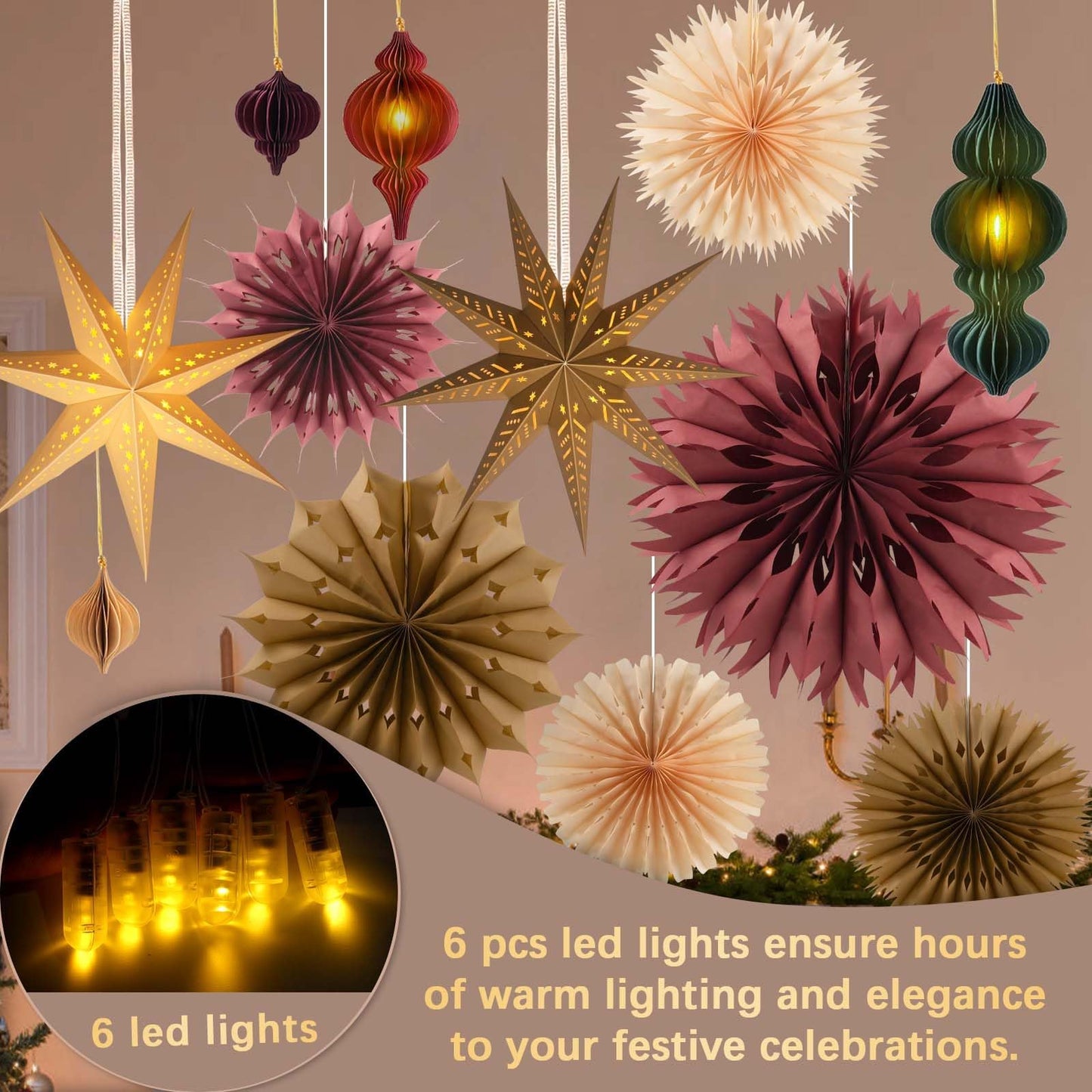 Christmas Hanging Decorations Set, 3D Paper Star Lanterns with Lights Paper Honeycomb Ornaments Snowflake Fans Decorative Hanging Ornamnets for Xmas Tree Frozen Winter Wonderland Holiday Party Decor