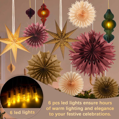 Christmas Hanging Decorations Set, 3D Paper Star Lanterns with Lights Paper Honeycomb Ornaments Snowflake Fans Decorative Hanging Ornamnets for Xmas Tree Frozen Winter Wonderland Holiday Party Decor