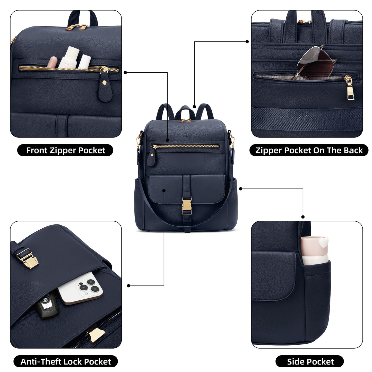 KKXIU Backpack Purse for Women - Multi-pocket Leather backpack for Travel, Work & School with Anti-Theft Lock Pocket, Luggage Strap & Water Bottle Pockets - 13x14x5.2 Inch (Navy)