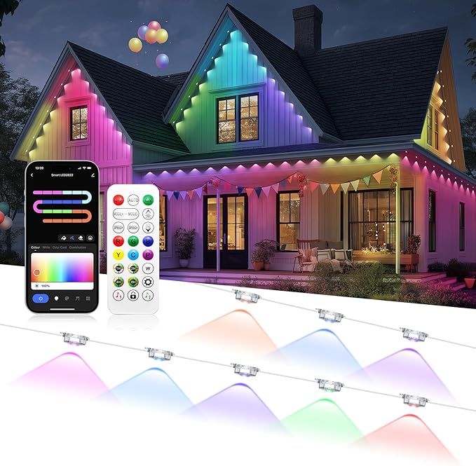 Permanent Outdoor Lights for House, RGB+IC IP67 Waterproof Smart Eave Lights 200ft with 100 LED, Eternity Lighting for Halloween Christmas Decoration, Work with Remote, APP