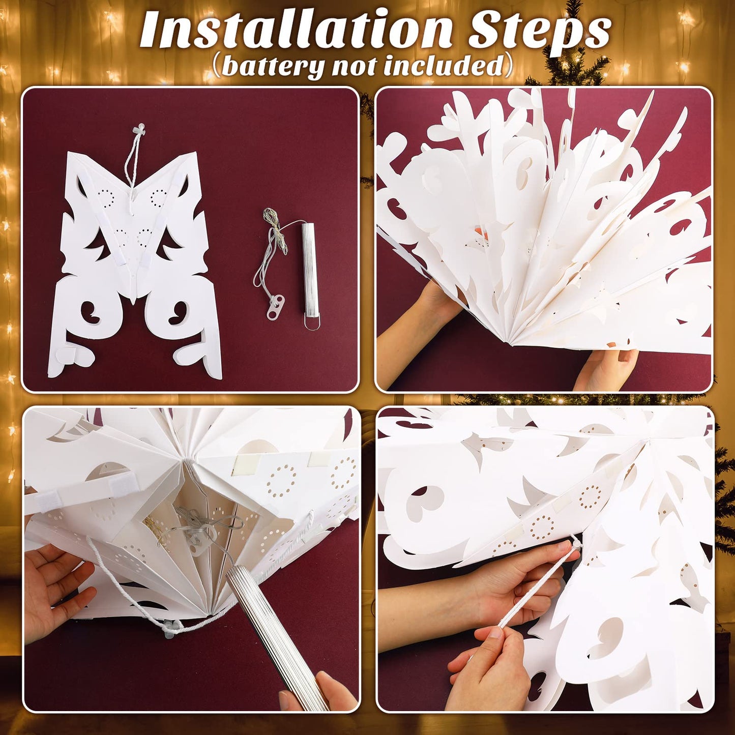 23.6 Inch Christmas Star Snowflake Paper Lantern with Light Timer Paper Lamp Party Supplies Hanging Decoration for Weddings Christmas Trees Birthday Holiday Party Celebration (Adorable Style)