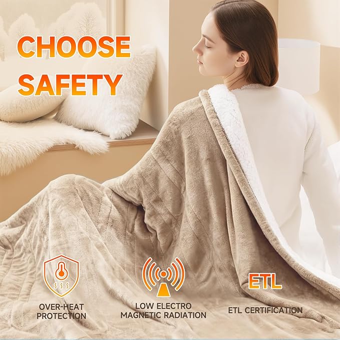 Heated Blanket Electric Blanket Twin 62"x84" Fast Heating Electric Blanket with 10 Heat Levels & 10 Hours Auto-Off Overheat Protection Cozy Soft Flannel Heated Throw Blanket